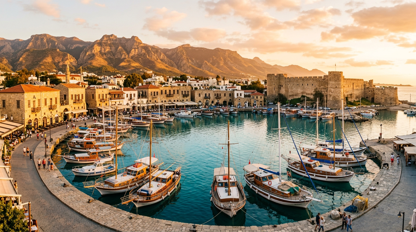 Gün batımında Girne antik limanı ve kalesi