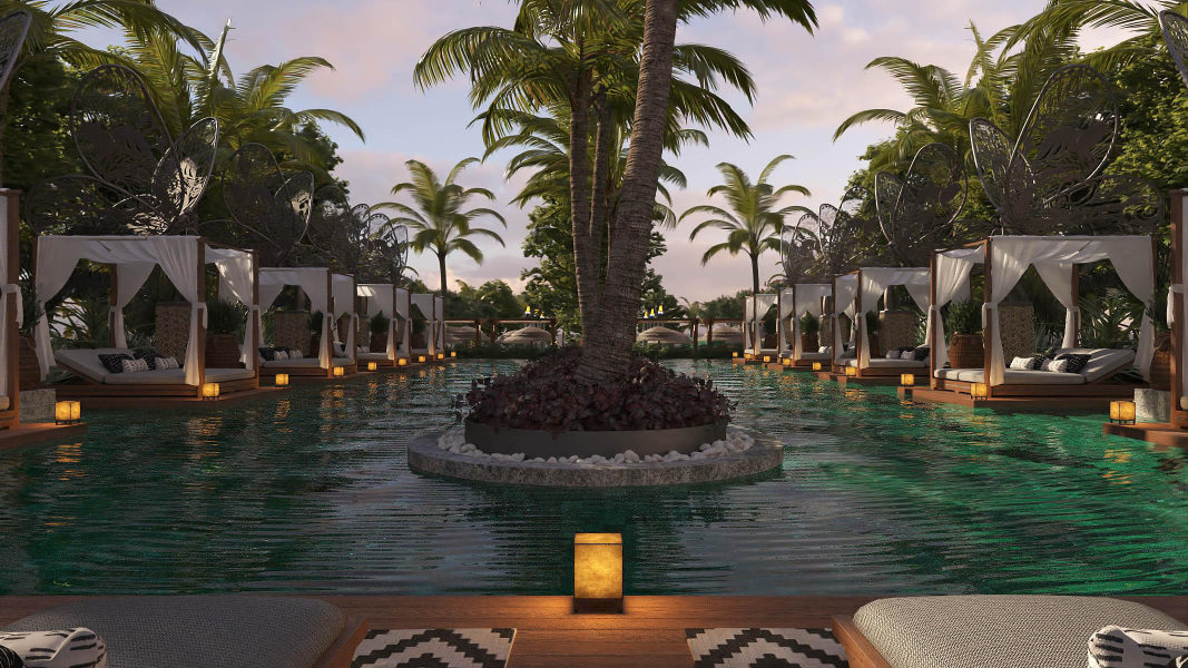 Lord's Palace Lagoon Hotel palmiyeli havuz ve kabanalar